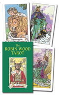 Robin Wood Tarot cards with a green book titled 'The Robin Wood Tarot' on a white background.