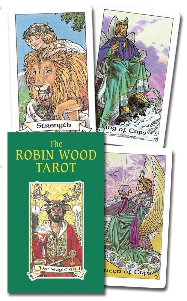 Robin Wood Tarot cards with a green book titled 'The Robin Wood Tarot' on a white background.