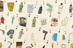 A collage of illustrated playing cards spread across the frame, each showing a different vintage fashion or lifestyle scene with figures, clothing, accessories, and objects. The cards feature cream backgrounds with red suit symbols and small black suit marks.