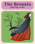 Playing card design with a woman in a red cloak and bare trees on a green background, featuring 'The Brontés' text.