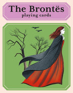 Playing card design with a woman in a red cloak and bare trees on a green background, featuring 'The Brontés' text.