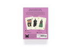 Playing card box with illustrations of characters and text on a white background