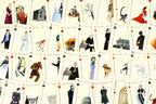 Playing cards with illustrated characters and scenes on a white background
