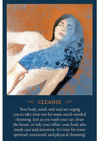 Artistic depiction of a woman with text about cleansing on a blue and orange background