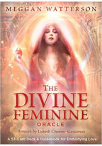 Book cover of 'The Divine Feminine Oracle' by Meggan Watterson with a woman holding an apple in a glowing circle.