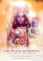 Image of a Black Madonna holding a child with text about transformation and love.