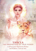 Woman with a lion and text about Thecla, the prophetess of true power.