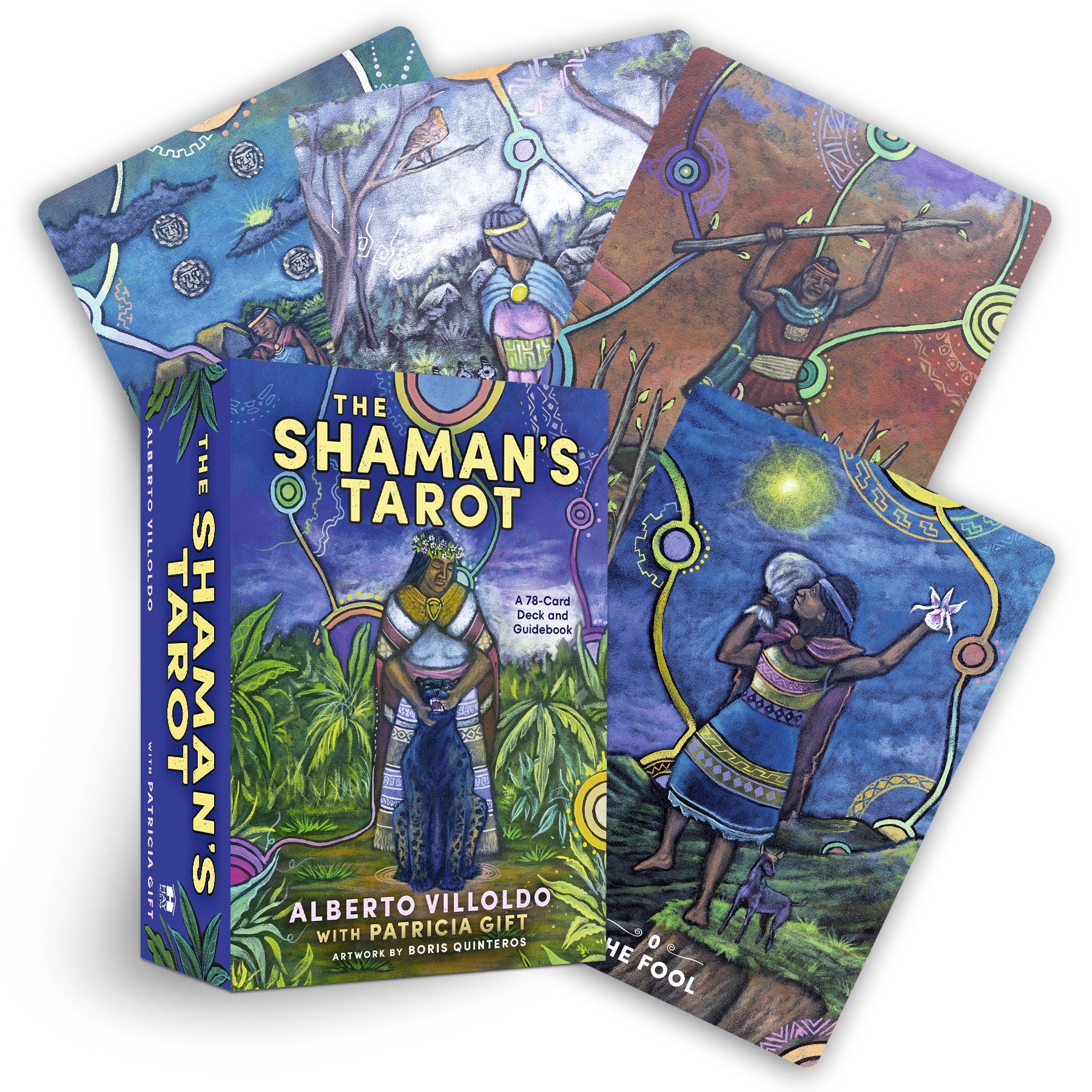 Shaman's Tarot card set with colorful covers featuring tribal designs.