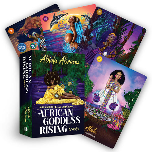 Set of tarot cards featuring African Goddess Rising theme with colorful illustrations.