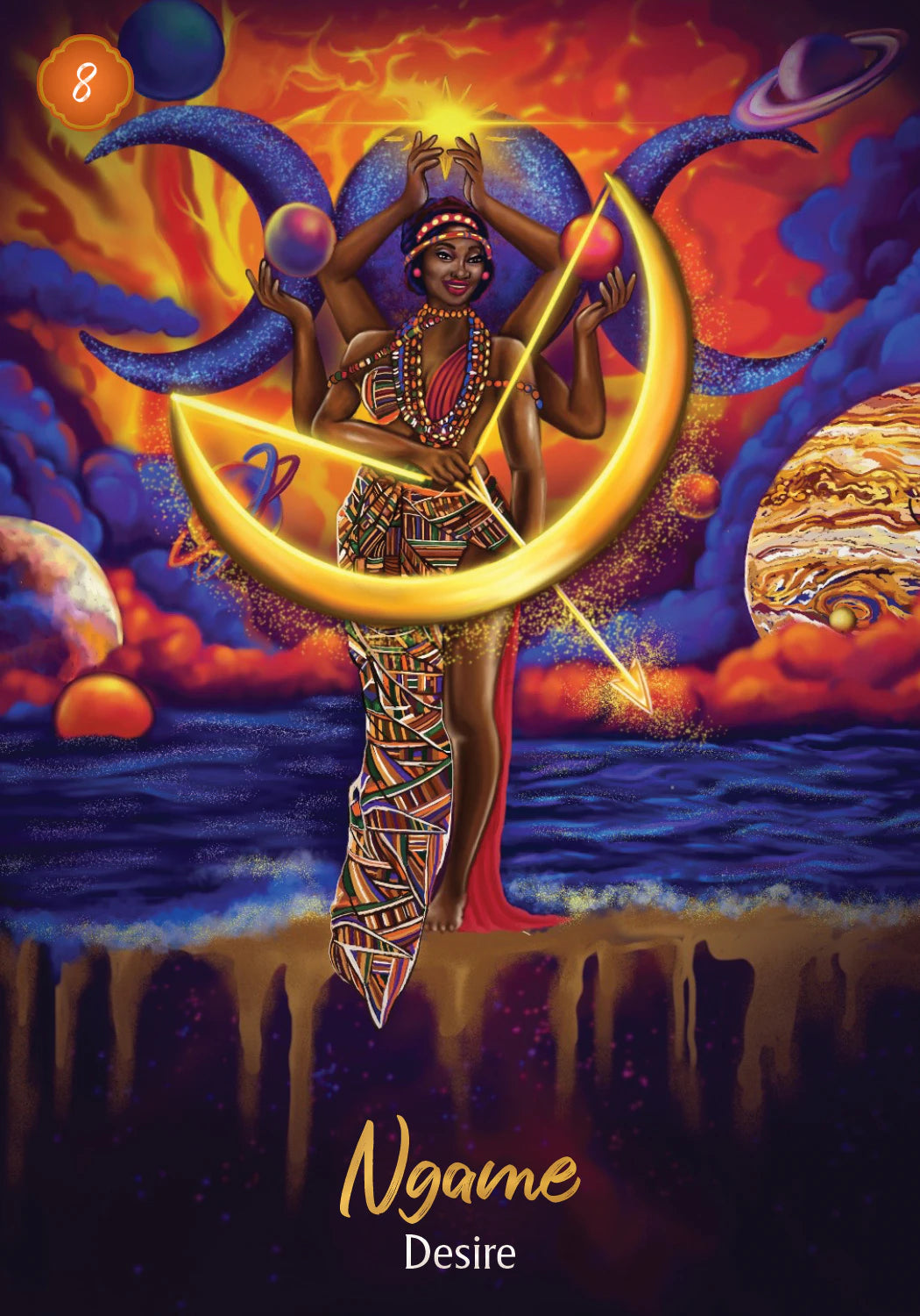 Artistic depiction of a person holding a crescent moon with celestial elements and 'Ngane' text.