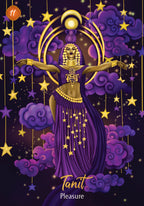 Illustration of a woman in a purple and gold dress with stars and clouds, featuring the word 'Tanit'.