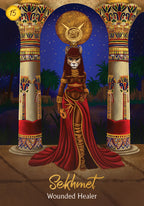 Illustration of Sekhmet, the Wounded Healer, in an Egyptian-themed setting with columns and a night sky.