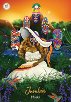 Book cover of 'Jumbie Masks' with a woman in a white dress surrounded by colorful masks and nature.