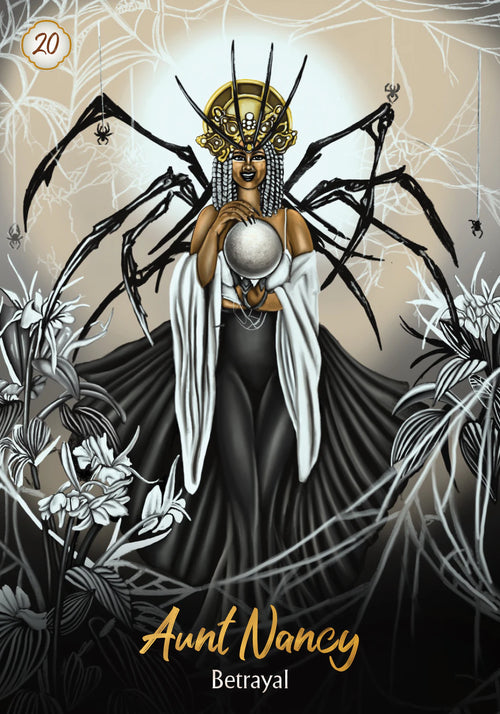 Illustration of a tarot card featuring 'Aunt Nancy' with spider-like features and spider webs.