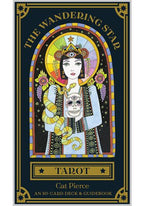 Tarot card featuring a stylized illustration of a figure with a snake and skull, titled 'The Wandering Star' by Cat Pierce.