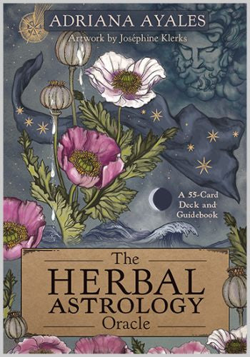 Book cover of 'The Herbal Astrology Oracle' with botanical illustrations and starry night design.