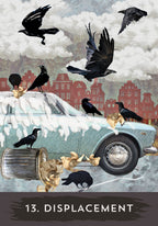 Collage with crows, a car, and classical sculpture against an urban skyline with '13. Displacement' text.
