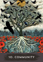 Tree with crows and red flowers in an urban setting, with '10. Community' text at the bottom.