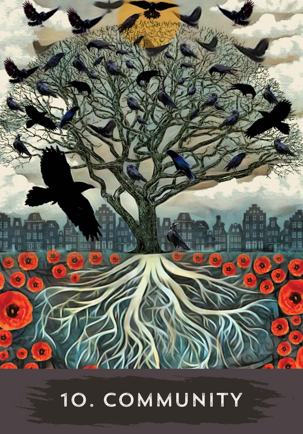 Tree with crows and red flowers in an urban setting, with '10. Community' text at the bottom.