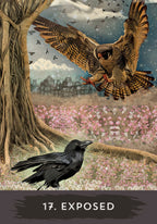 Illustration of an owl flying over a crow with a cityscape in the background