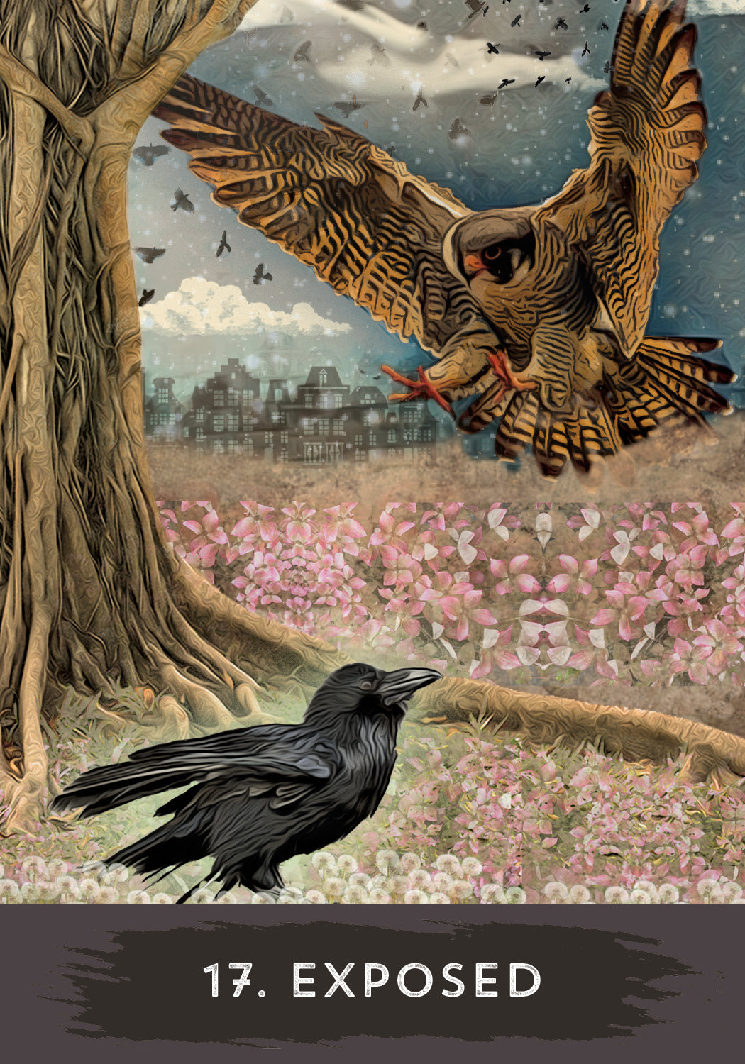 Illustration of an owl flying over a crow with a cityscape in the background