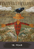 Scarecrow with a crow on its head against a textured background with '18. Fear' text.