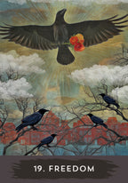 Artistic depiction of a crow with flowers against a cityscape, labeled '19. Freedom'.