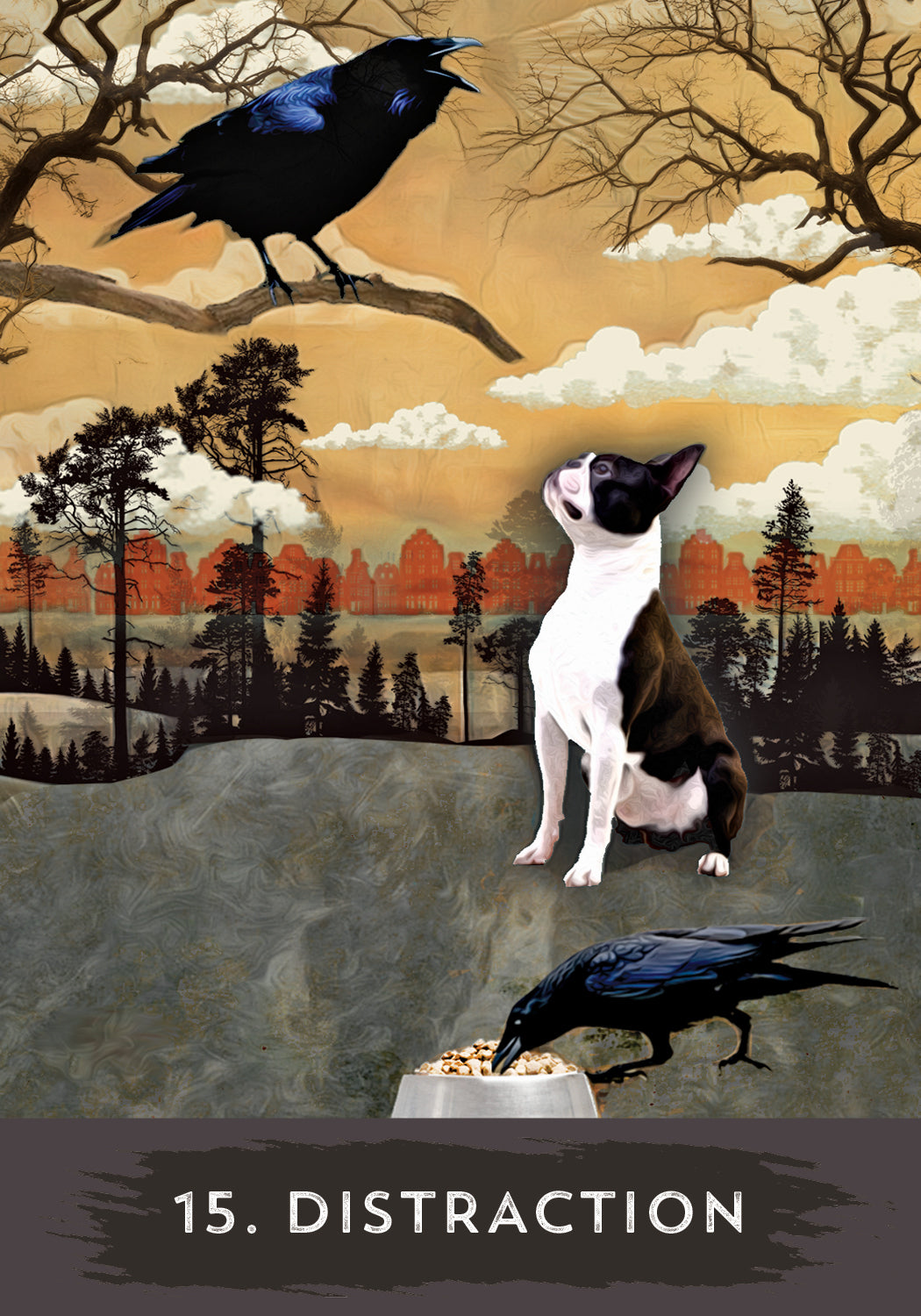 Illustration of a dog and two crows in a landscape with trees and mountains.