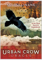 Book cover of 'Urban Crow Oracle' by MJ Cullinane with a crow flying over a landscape.