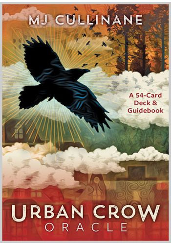 Book cover of 'Urban Crow Oracle' by MJ Cullinane with a crow flying over a landscape.