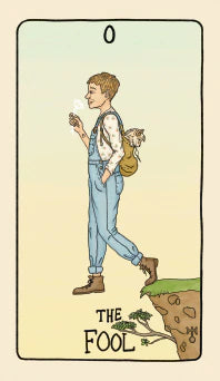 The Fool tarot card with a person walking over a cliff, symbolizing taking risks.