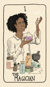 Card titled 'The Magician' featuring a person with a potion and various items on a beige background.