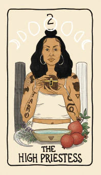 Card titled 'The High Priestess' featuring a woman with tattoos holding a cup.