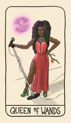Illustration of a woman in a red dress holding a cane with a mystical symbol above her head, labeled 'Queen of Wands'.