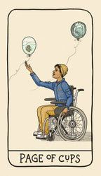 Tarot card featuring a person in a wheelchair holding a balloon with 'Page of Cups' text.