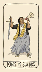 Card from a tarot deck featuring a person holding a sword and megaphone with 'King of Swords' text below.