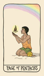 Illustration of a person holding a butterfly with a rainbow in the background, labeled 'Page of Pentacles'.