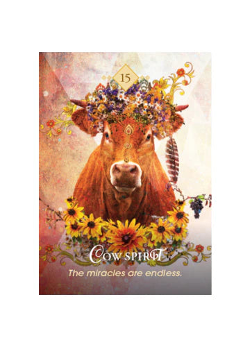 Poster with a cow wearing a flower crown and text 'Cow Spirit: The miracles are endless.'