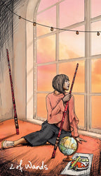 Illustration of a person holding wands in a room with large windows and a sunset view.