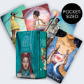 Pocket-sized tarot card set with colorful illustrations of women on a white background