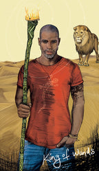 Man holding a torch with a lion in the background, featuring the text 'King of Worlds'.