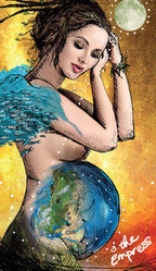 Artistic depiction of a woman with Earth's map on her body against a celestial background