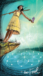Illustration of a woman in a yellow dress standing on a rock with a crystal, against a blue sky.