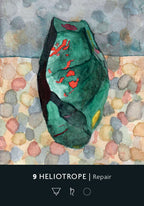 Artistic depiction of a green and red object on a textured surface with '9 Heliotrope Repair' text.