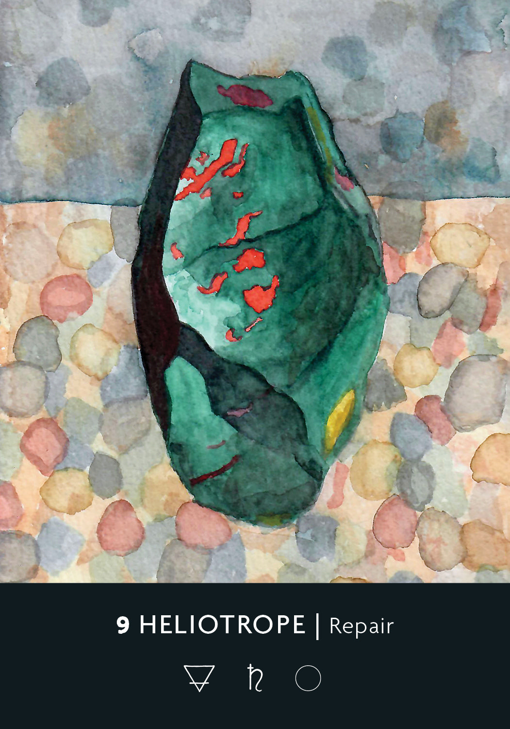 Artistic depiction of a green and red object on a textured surface with '9 Heliotrope Repair' text.