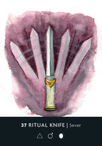 Illustration of a ritual knife with a pink and purple watercolor background