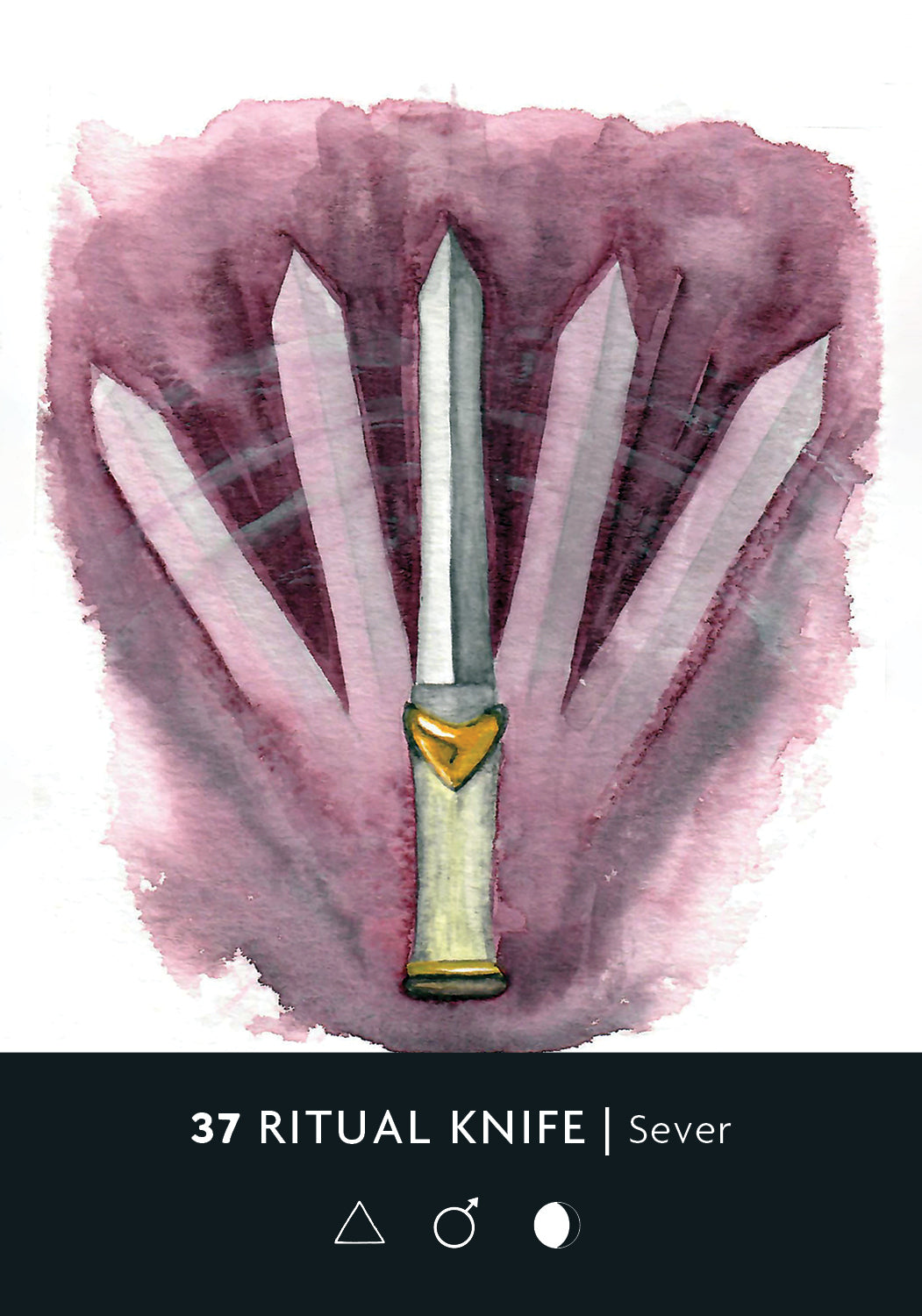 Illustration of a ritual knife with a pink and purple watercolor background