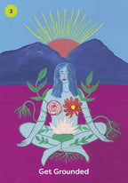 Illustration of a person meditating with nature elements against a mountain and sunset background.