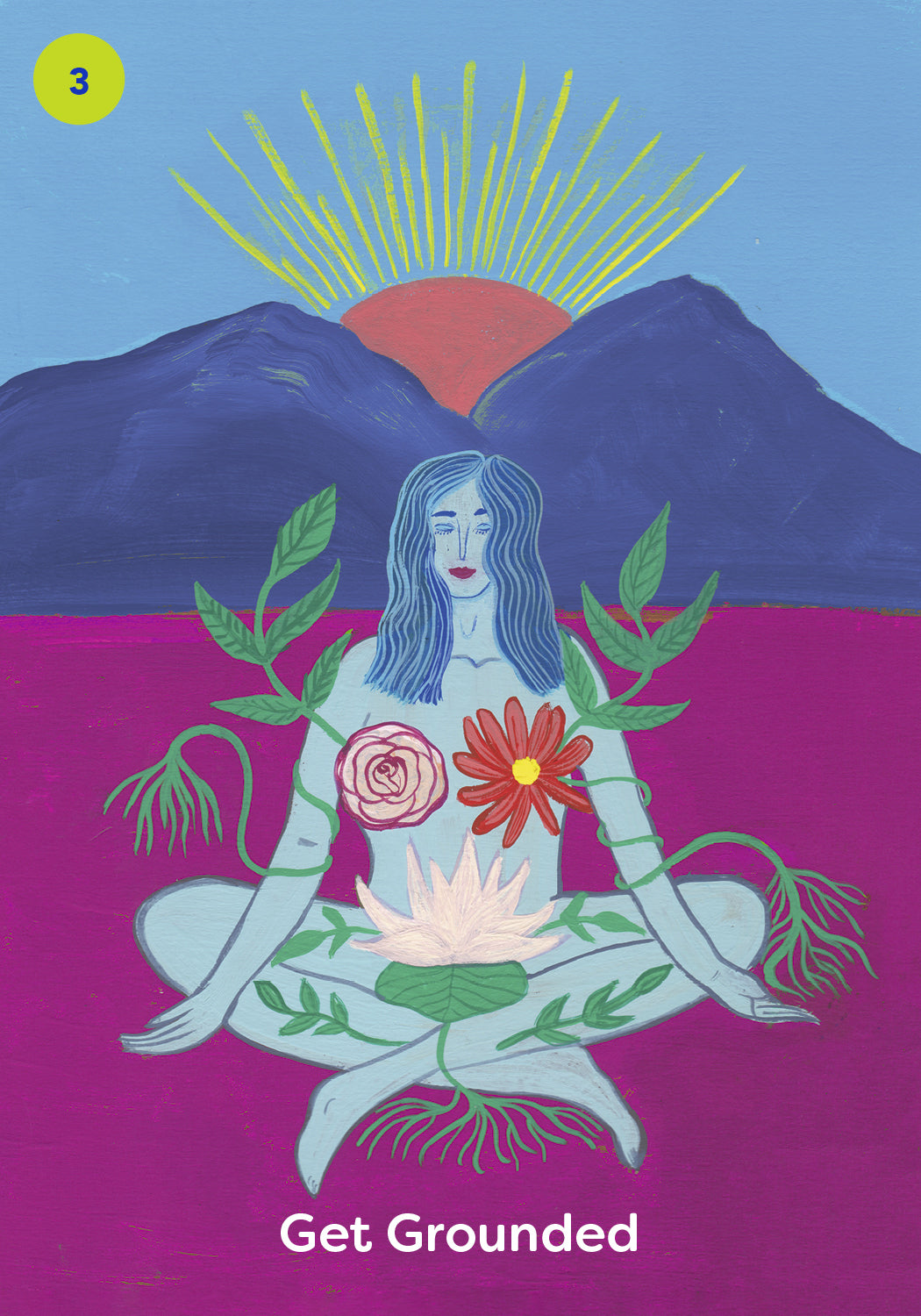 Illustration of a person meditating with nature elements against a mountain and sunset background.