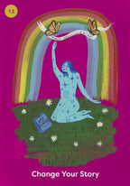Illustration of a person with a rainbow and butterflies on a purple background, with text 'Change Your Story'.